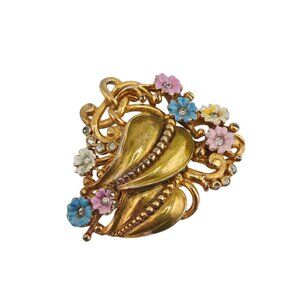 Fabulous Enameled Flower and Double Leaf Antique Fur Clip (A8871)